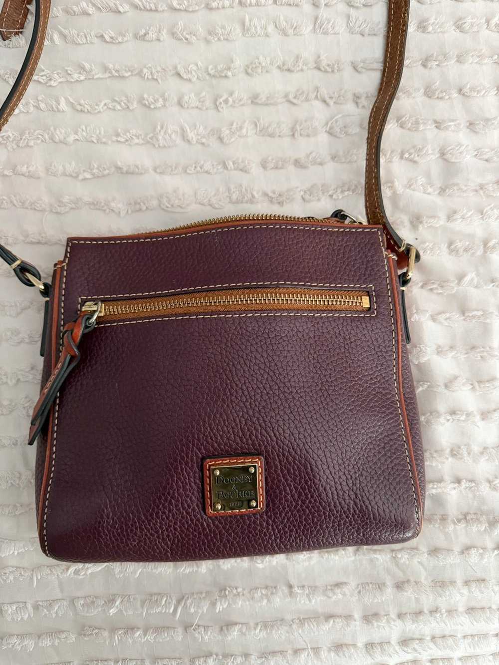 Dooney & Bourke Plum Pebbled Leather Crossbody with Brown Trim